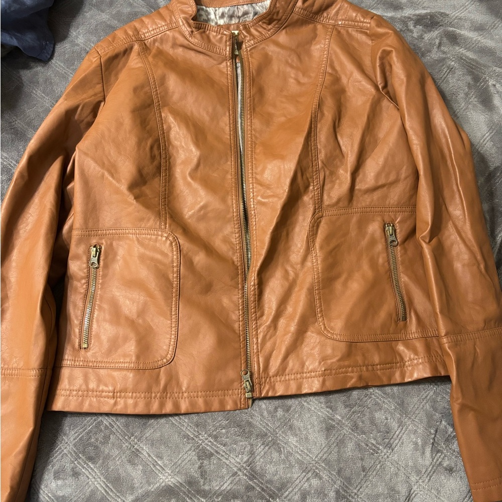 Tan Jacket with Zipper and Rounded Collar